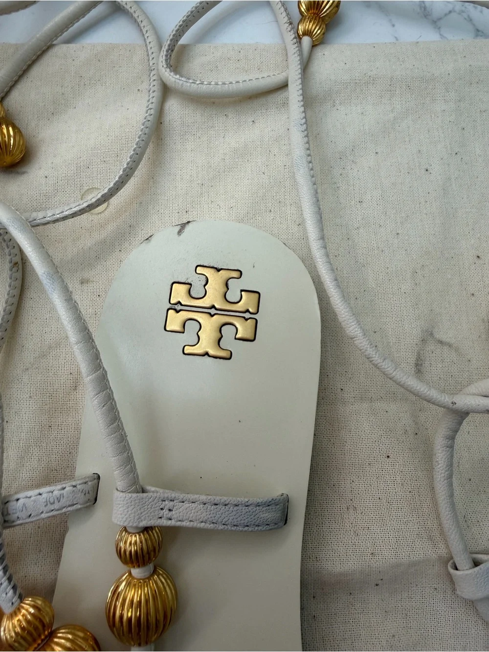 Tory Burch White Lace-Up Beaded Gladiator Sandals